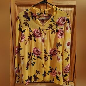 Pink and Gold Floral Smocked Blouse with Ruffles